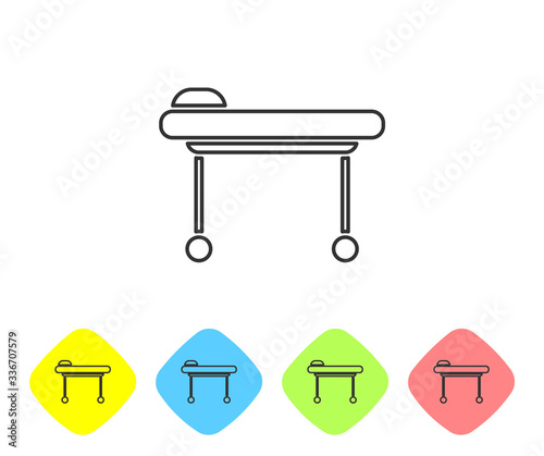 Grey line Stretcher icon isolated on white background. Patient hospital medical stretcher. Set icons in color rhombus buttons. Vector Illustration