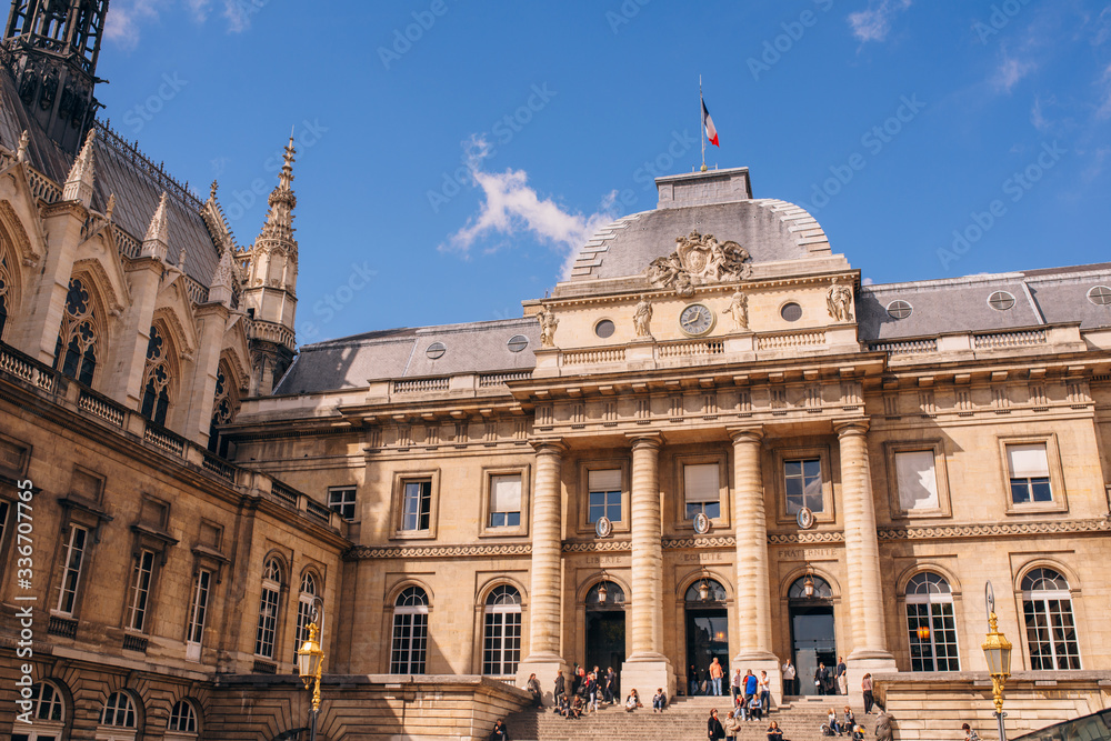 The front entrance of the Palais de Justice and Sainte-Chapelle chapel in Paris, France