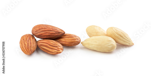 Two handfuls of almonds on a white background