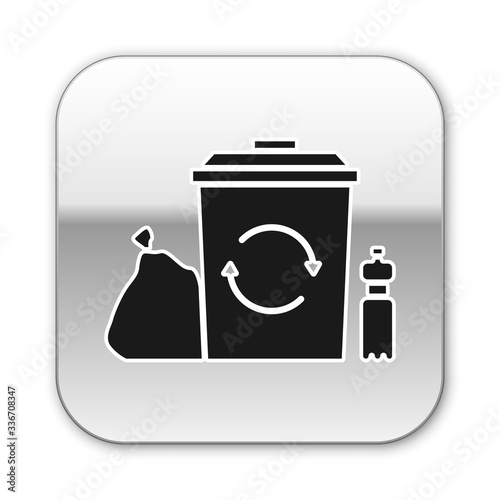 Black Recycle bin with recycle symbol icon isolated on white background. Trash can icon. Garbage bin sign. Recycle basket. Silver square button. Vector Illustration