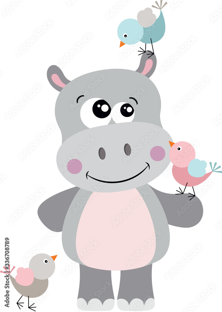 Cute hippo with three birds Cute hippo with three birds