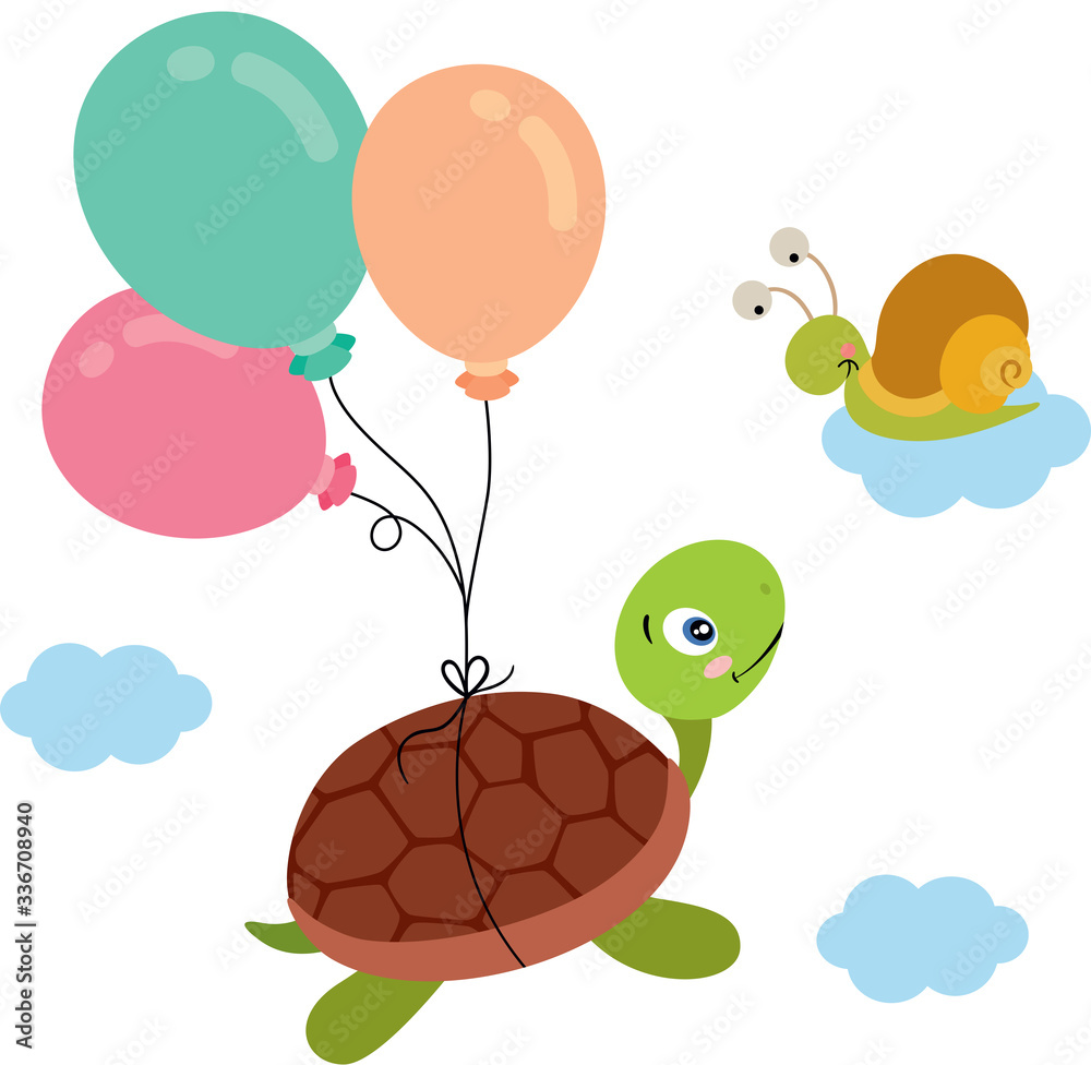 Photo sur toile Tortue volant avec des ballons dans le ciel et escargot sur  nuage - Nikkel-Art.fr