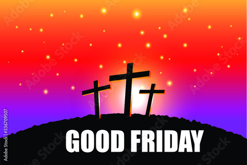 Easter scene based on Evening Scene with Religious with Religious cross silhouette against a bight sunrise sky. Jesus Christ of Jesus Christ crucifixion on Good Friday.Vector Illustration.EPS 10