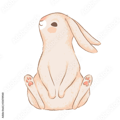 Cute rabbit with long ears sits on the floor. An element for Easter design. Imitation of handmade watercolors