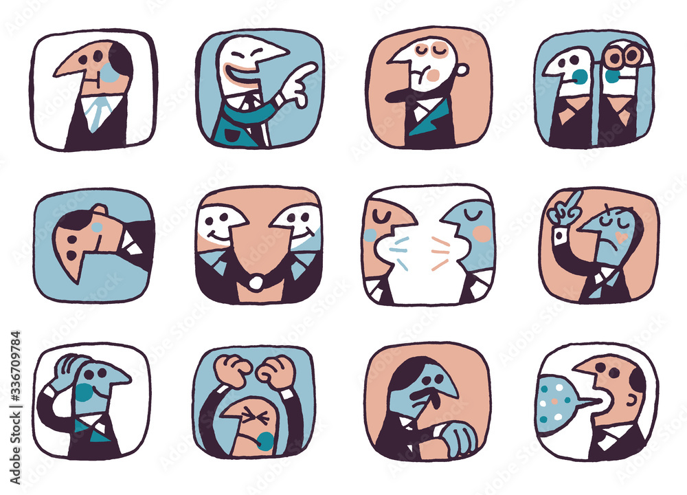 Fototapeta premium set of funny cartoon people, men portraits faces heads hand drawn style
