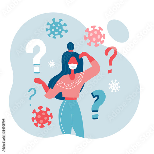 COVID-19 quarantine. Sad woman in protective mask . Thinking girl. Doubts, problems, thoughts, emotions. Curious woman questioning, question mark. Vector flat illustration. Coronavirus panic.