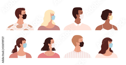 Set of young multicultural people wearing different medical masks. People are protected from the cold, flu and the new coronavirus COVID-19