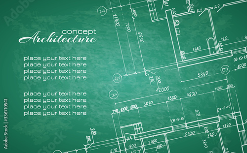 Architecture abstract background for design. Architectural drawings white chalk on black blackboard. Detailed plan. Graphic design elements. Architecture concept. Detailed grunge texture background