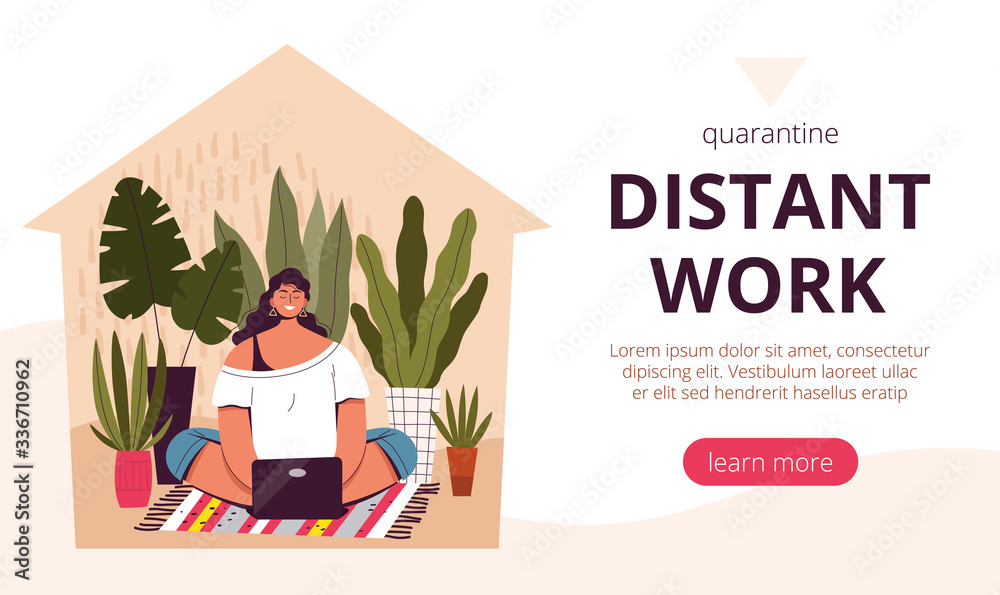 The concept of a site page for remote work. Young girl stays at home during quarantine and works remotely