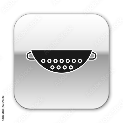 Black Kitchen colander icon isolated on white background. Cooking utensil. Cutlery sign. Silver square button. Vector Illustration