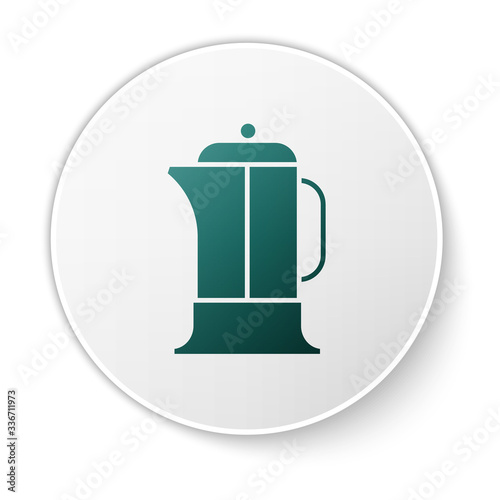 Green French press icon isolated on white background. White circle button. Vector Illustration