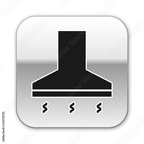 Black Kitchen extractor fan icon isolated on white background. Cooker hood. Kitchen exhaust. Household appliance. Silver square button. Vector Illustration