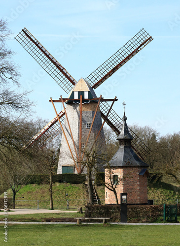 small chapel and windmill in Bokrijk, Belgium