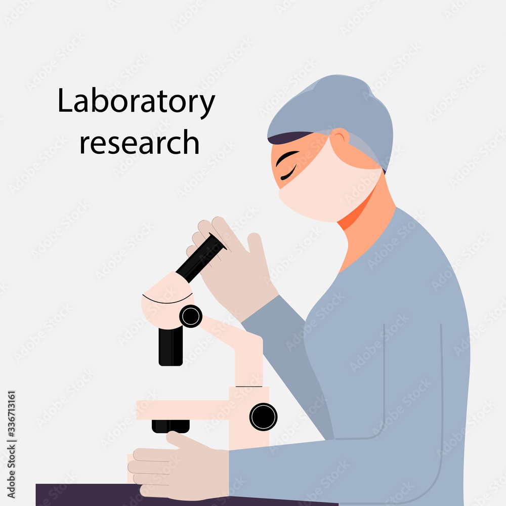 Girl medical worker looking through a microscope. Conducting a medical analysis. The study of the material. Vector. Cartoon style on a white background. Girl medical worker looking through a microscope. Conducting a medical analysis. The study of the material. Vector. Cartoon style on a white background.