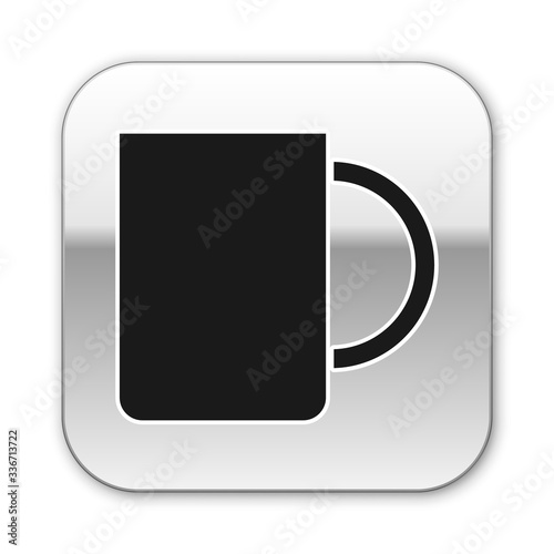 Black Coffee cup icon isolated on white background. Tea cup. Hot drink coffee. Silver square button. Vector Illustration