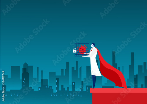 The doctor holds the virus in the cage to conquer the dangerous coronavirus.illustrator