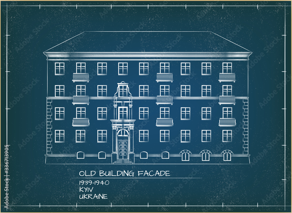 Old Building Facade. Front View. Technical Vector Illustration