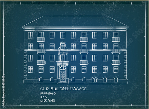 Old Building Facade. Front View. Technical Vector Illustration. Blueprint Style