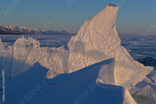 Ice blocks in the sunrise, Khovsgol lake, Mongolia photo