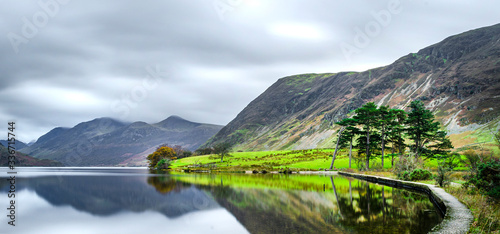 The northern shore of Crummock water on an overcast day in the English Lake District 