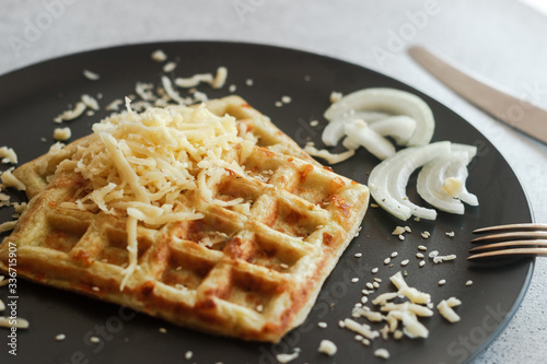 Tasty waffles with zucchini and cheese. Waffles served with cheese, onions, sour cream and spices. Waffles on a plate