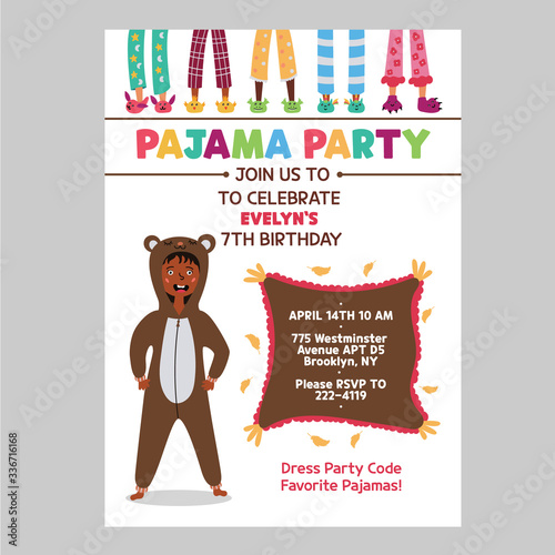 Pajama kids party invitation. Baby's birthday invite. One-sided invitation form with a girl in Kigurumi bear pajamas. Children's pajama slippers. Vector