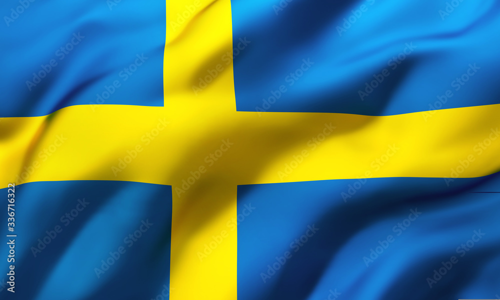 Flag of Sweden blowing in the wind. Full page Swedish flying flag. 3D illustration. Flag of Sweden blowing in the wind. Full page Swedish flying flag. 3D illustration.