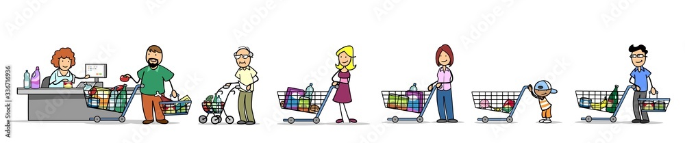 Kunden im Supermarkt in Warteschlange an der Kasse