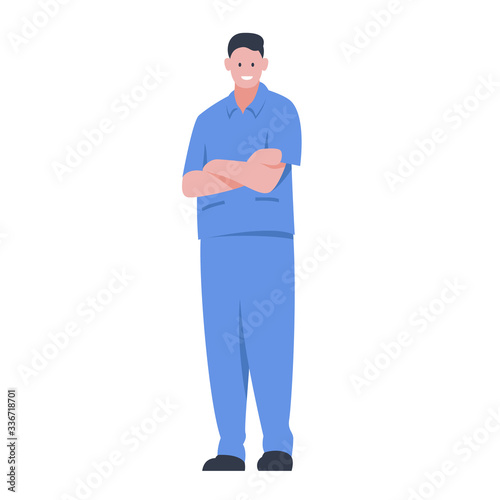 Vector illustration of a character of a smiling male nurse standing in a medical gown with his arms crossed. It represents a concept of nurse work, medical protection and health safety