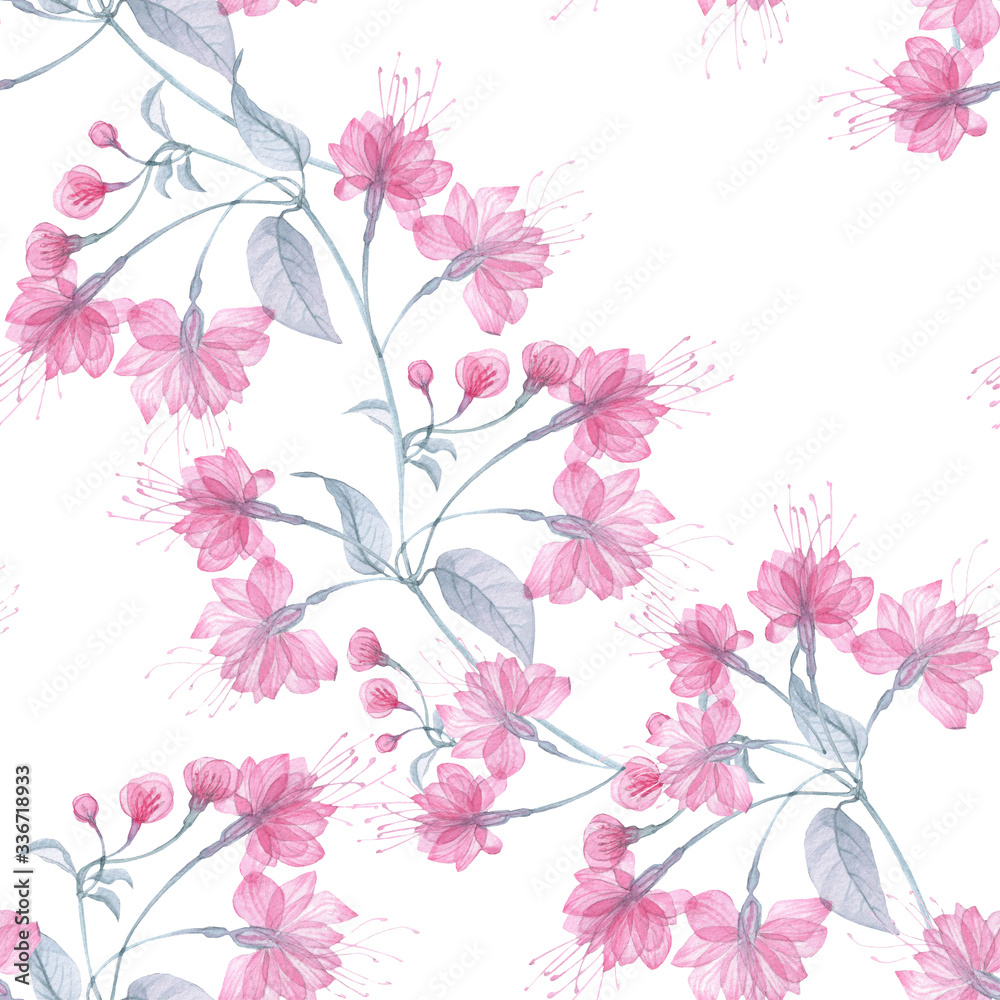 Obraz premium Seamless pattern transparent rose flowers and Apple blossoms on a white background, pink roses, x-ray flowers, pink Sakura flowers, lilac and blue stems and leaves, floral pattern for printing .