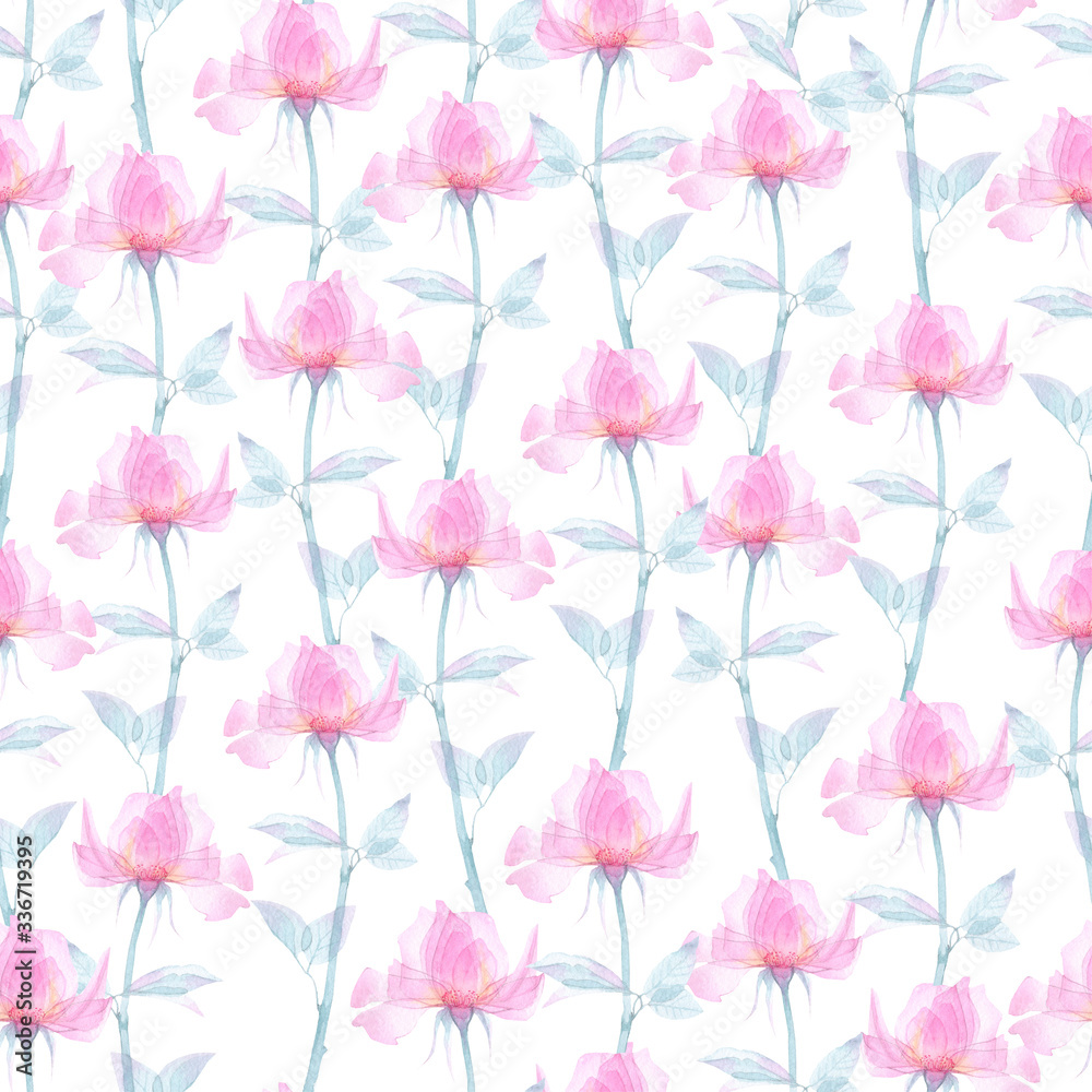 Seamless pattern transparent rose flowers and Apple blossoms on a white background, pink roses, x-ray flowers, pink Sakura flowers, lilac and blue stems and leaves, floral pattern for printing 