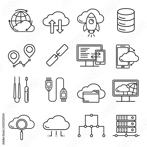 Cloud data storage  pattern with line style icons. Database background, information, global network, server center, backup and security vector illustration. Cloud computing icons set.