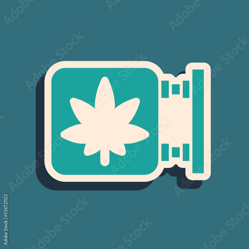 Green Marijuana and cannabis store icon isolated on green background. Equipment and accessories for smoking, storing medical cannabis. Long shadow style. Vector Illustration