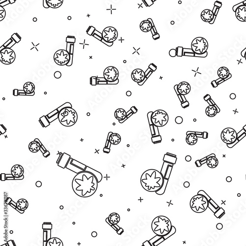 Black line Chemical test tube with marijuana or cannabis leaf icon isolated seamless pattern on white background. Research concept. Laboratory CBD oil. Vector Illustration