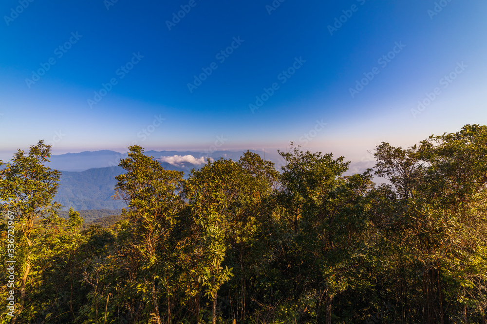 Beautiful mountain landscape with tropical vegetation and a blue sky