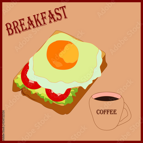 Vector drawing. French breakfast. Croque Madame Croque Monsieur. Coffee and a sandwich. Hot sandwich with cheese, lettuce and fried egg. Beige background.