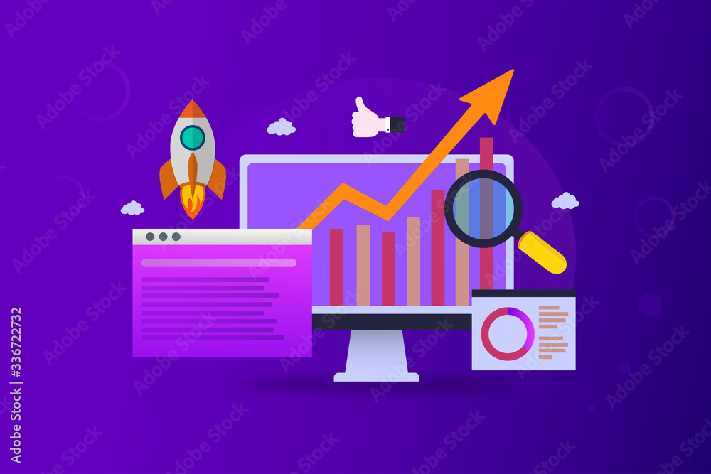 Seo ranking growth digital marketing analysis on a purple background - obrazy, fototapety, plakaty 