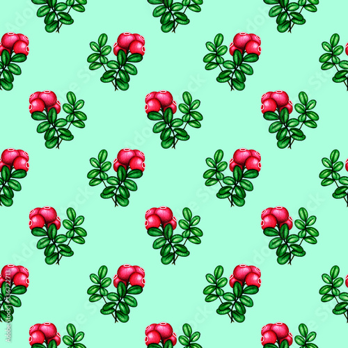 Seamless watercolor pattern with pink red forest berries cowberry branch and leaves on mint green background. Hand drawn vintage fashion print for design textile  fabric  wrapping paper  scrapbooking