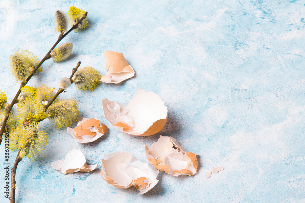 Easter background with eggs shells and catkin twigs, copy space Easter background with eggs shells and catkin twigs, copy space
