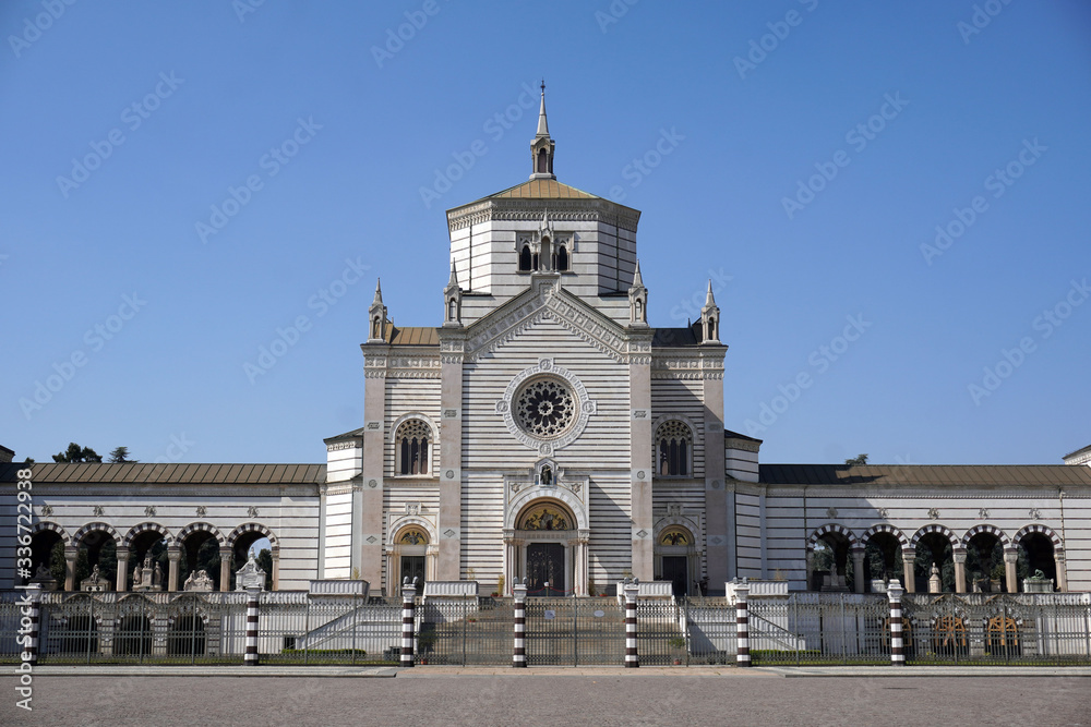 Italy , Milan - Drone aerial view of Monumental cemetery ( cimitero Monumentale ) empty of people during n-cov19 Coronavirus outbreak epidemic quarantine home, closed cemetery and suspended funeral