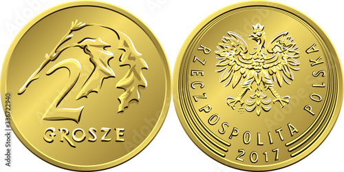 vector Polish Money two Grosze copper coin reverse with Value and 2 leaves obverse with eagle in golden crown