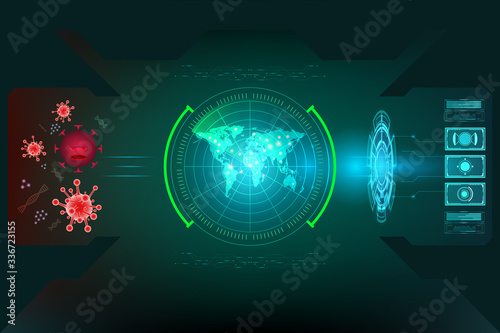 radar interface screen search of Coronavirus attack on world map concept (2019-nCoV). Virus Covid 19-NCP. Background vector illustration with copy space add text