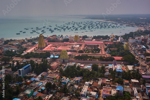Aerial view on South India ancient temple Gopura, India, Rameswaram photo
