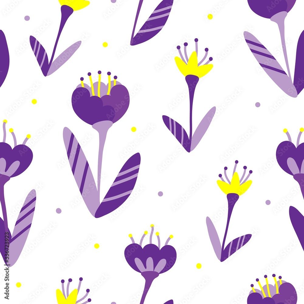 Doodle style floral pattern with violet flowers and striped leaves on a white background. Tender, spring floral background. Vector illustration on a white background. For fabric, covers, website