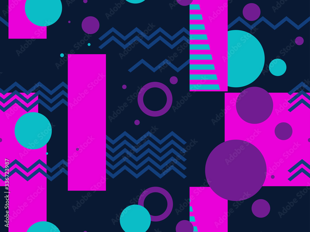 Memphis seamless pattern with geometric shapes in the style of the 80s. Eighties print colorful background for promotional products, wrapping paper and printing. Vector illustration