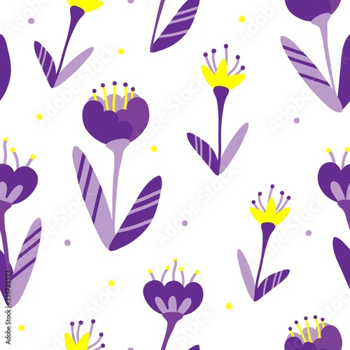 Doodle style floral pattern with violet flowers and striped leaves on a white background. Tender  spring floral background. Vector illustration on a white background. For fabric  covers  website