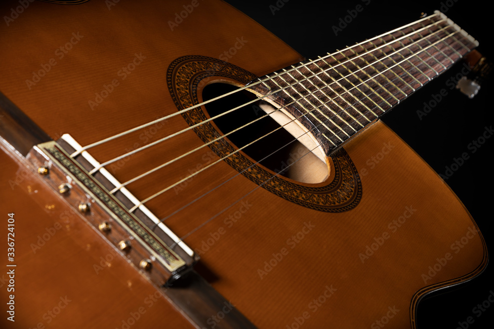 beautiful six-string guitar in perspective on a dark background beautiful six-string guitar in perspective on a dark background