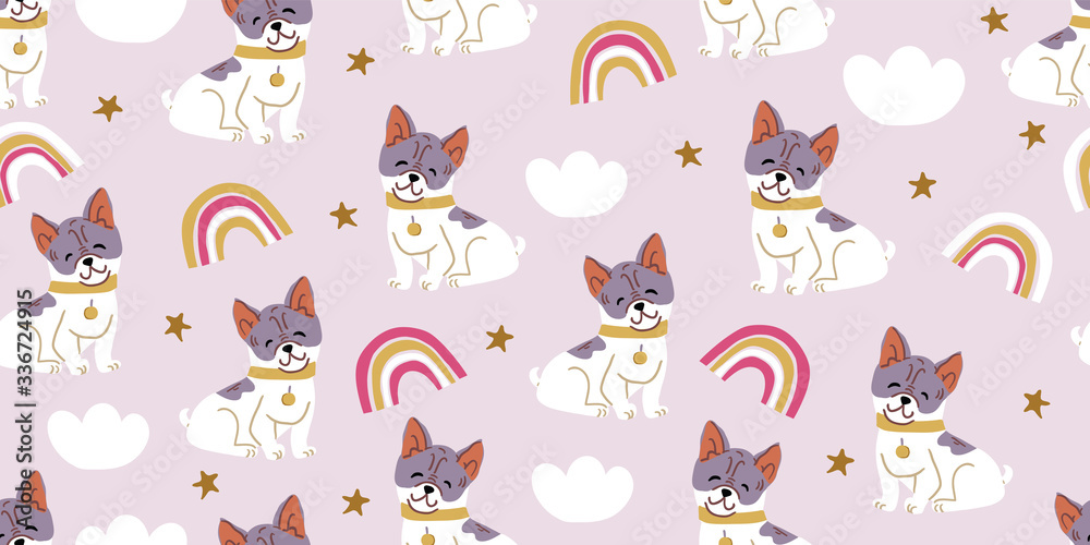 Vector seamless pattern with cute bulldog dogs