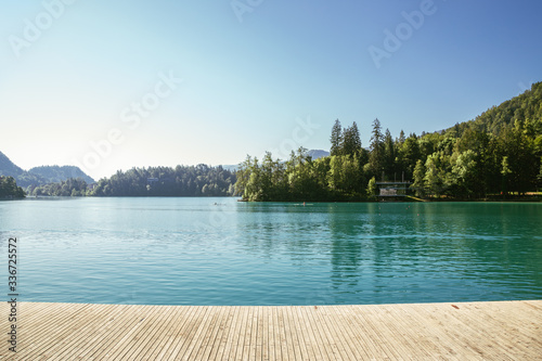 Lake Bled and wooden deck in Slovenia