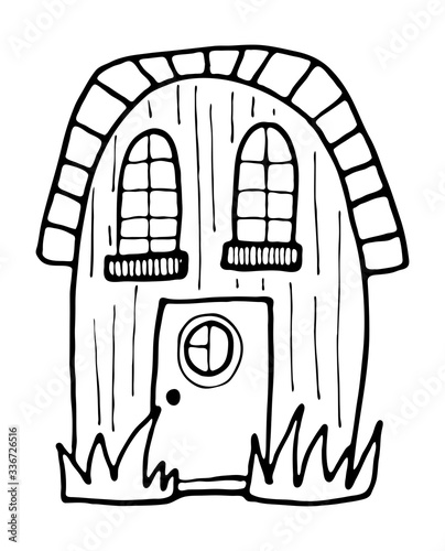 Hand drawn doodles cartoon house with cute windows. Black and white wooden bulding vector illustration.